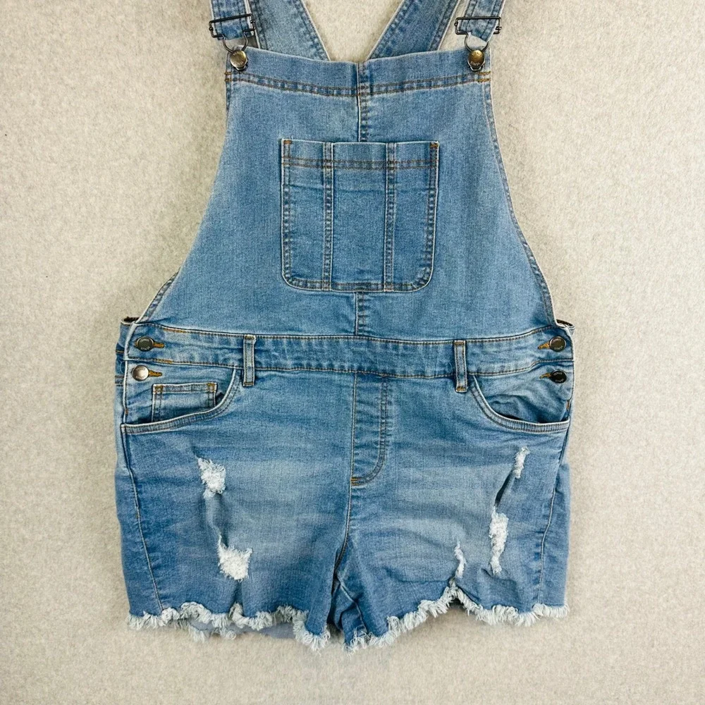 Venus Womans Sz 14 Shortalls Denim Shorts Overalls Blue Pockets Distressed